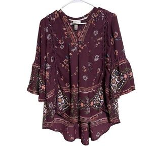 Knox Rose Size S Women's Maroon Boho Peasant Floral Top